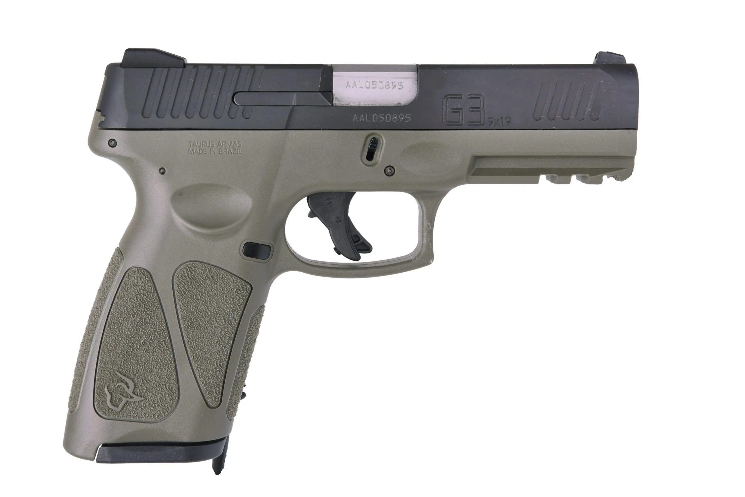 Taurus G3 9mm striker-fired pistol with 4-inch barrel, matte black slide and OD green polymer grip