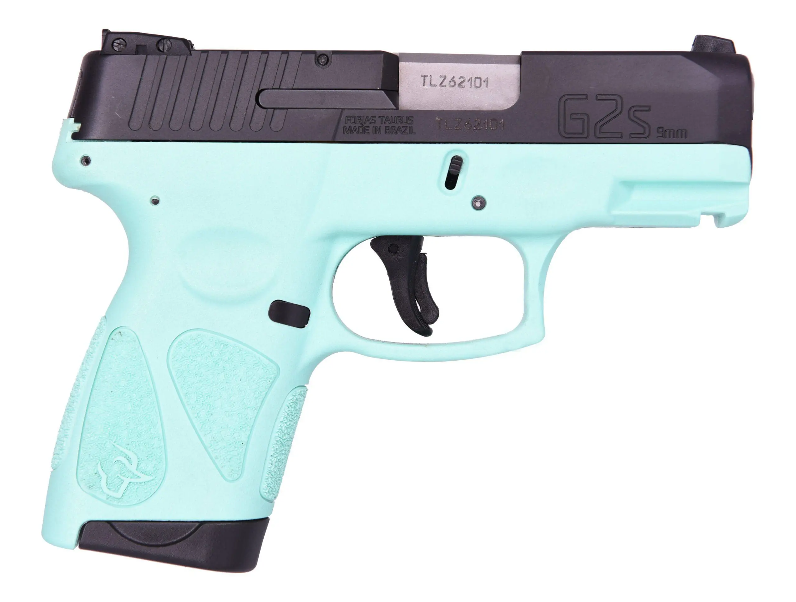 Taurus G2S 9mm compact pistol, black finish with cyan grip panels and two magazines