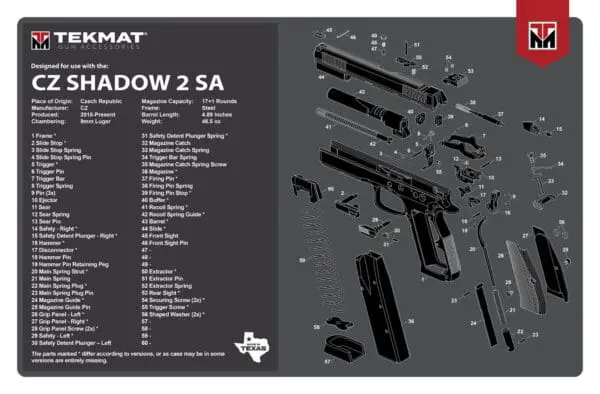 TekMat TEKR17CZSHDW2 CZ Shadow 2 SA Cleaning Mat CZ-75 Shadow 2 SA Parts Diagram 11" x 17"