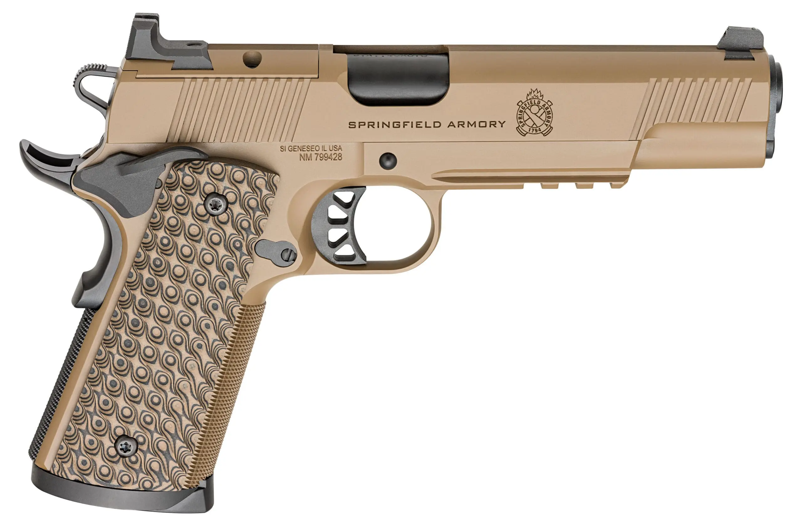 Springfield Armory 1911 TRP AOS 9mm 5 inch Coyote Brown Cerakote pistol with optic-ready slide