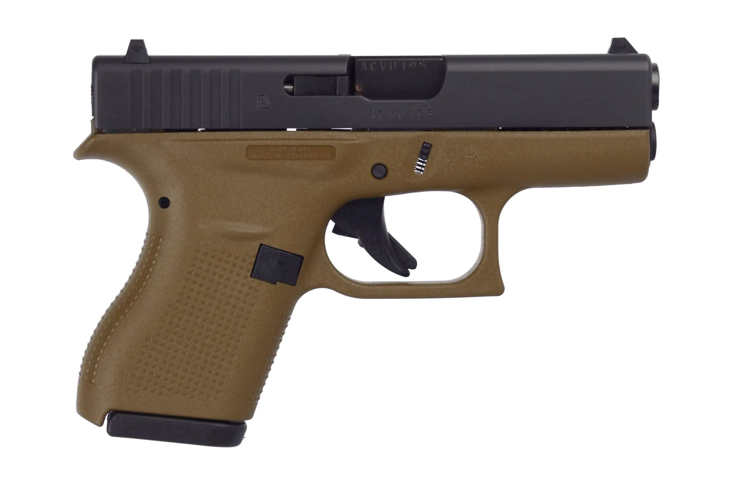 GLOCK G42 G3 FDE .380 ACP pistol side view with 3.25-inch barrel