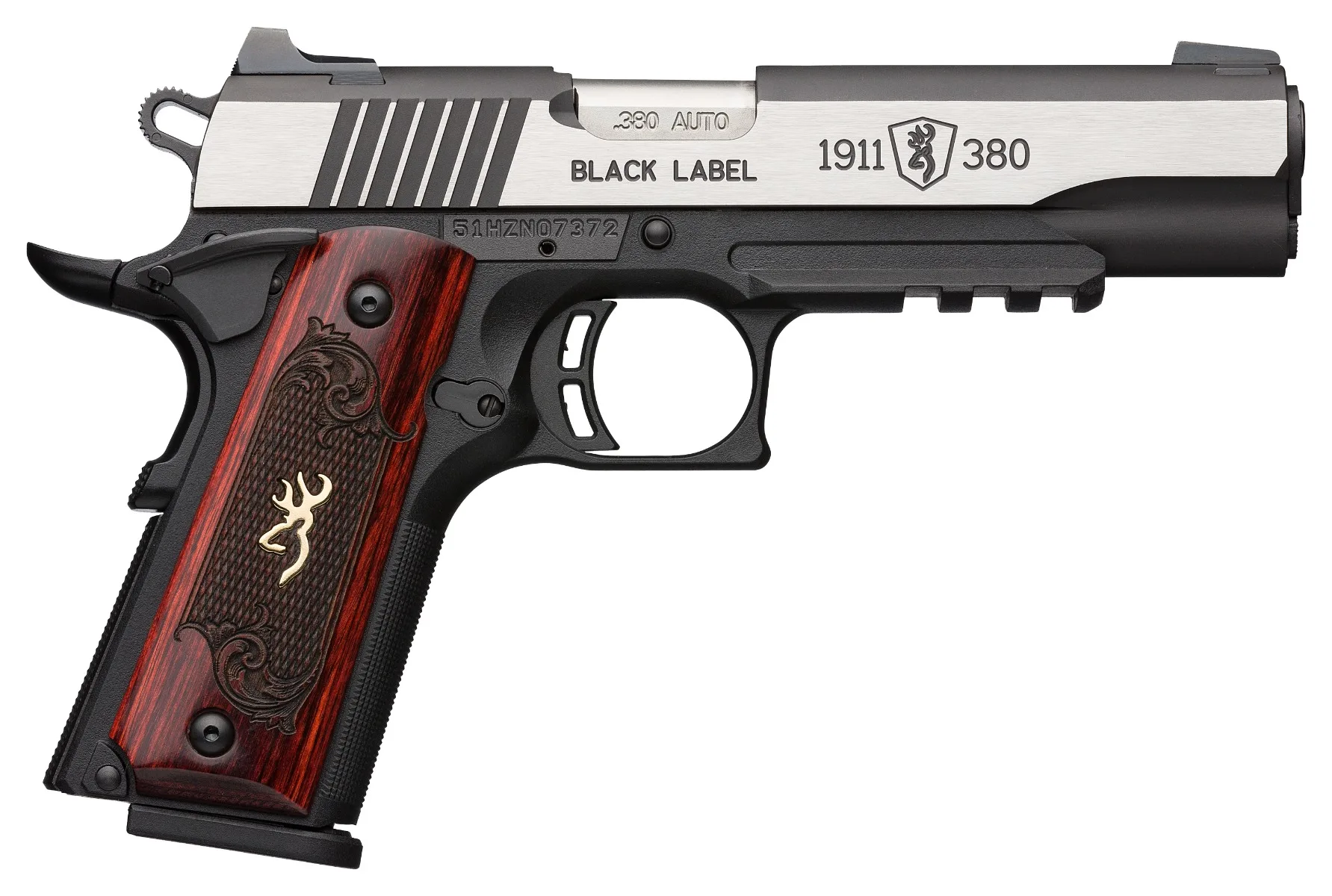 Browning 1911-380 Black Label Medallion Pro .380 ACP 4.25 in pistol, black frame, stainless slide, rosewood-colored grips