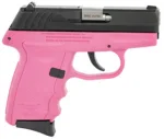SCCY CPX-3 pink and black compact pistol with polymer frame and stainless slide