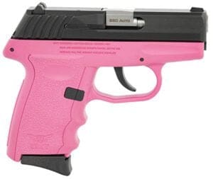 SCCY CPX-3 pink and black compact pistol with polymer frame and stainless slide