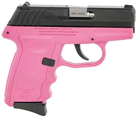 SCCY CPX-3 pink and black compact pistol with polymer frame and stainless slide