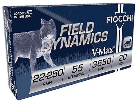 Fiocchi 22250HVD Field Dynamics 22-250Rem 55gr Hornady V Max 20 Per Box/10 Case