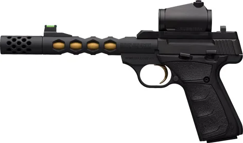 Browning Buck Mark Vision UFX .22 LR pistol with Vortex Crossfire red dot and threaded barrel, black/gold finish