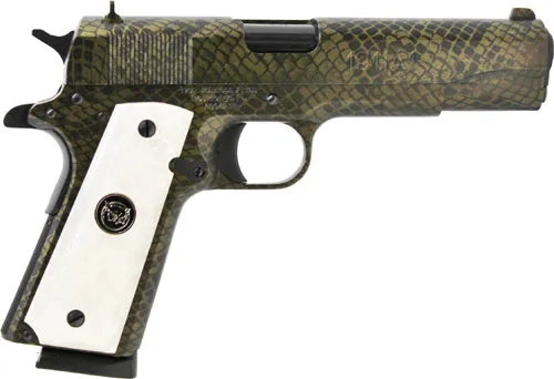 Iver Johnson 1911 A1 Water Moccasin .45 ACP 5 inch with green snakeskin hydrographic finish and white pearl synthetic grips