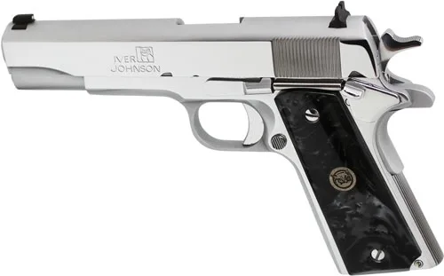 Iver Johnson 1911A1 .38 Super 5 inch chrome pistol with black pearl synthetic grips