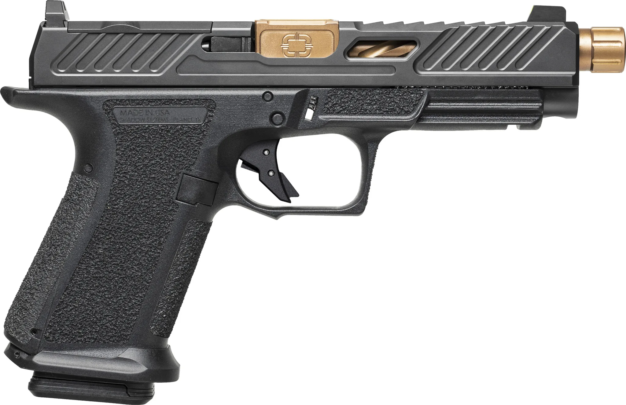 Shadow Systems MR920L Elite 9mm pistol with 5-inch threaded bronze barrel and black polymer frame