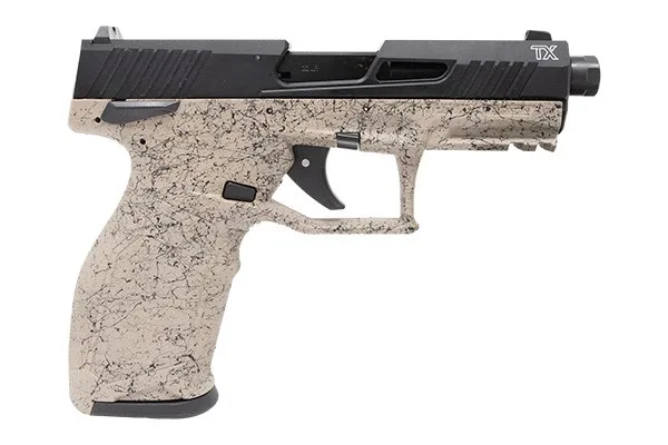 Taurus TX22 Gen2 .22 LR FDE splatter on black slide pistol with threaded barrel