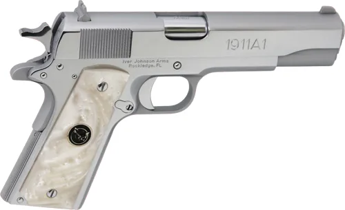 Iver Johnson 1911A1 .45 ACP 5-inch chrome pistol with white pearl grips