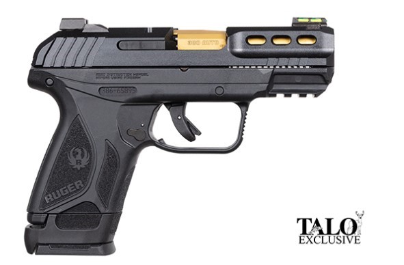 Ruger Security-380 .380 ACP pistol, black slide and gold barrel, right-side view