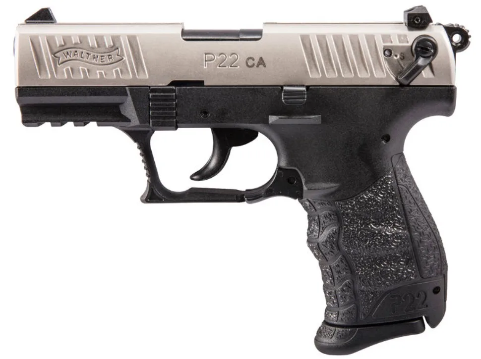 Walther P22 .22 LR 3.42 inch pistol with nickel slide and black polymer frame