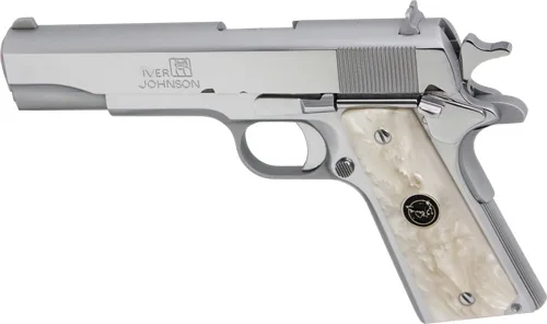Iver Johnson 1911A1 .45 ACP 5-inch chrome pistol with white pearl grips