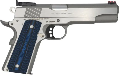 COLT Gold Cup Lite .45 ACP 5-inch stainless 1911 with blue G10 grips and fiber-optic front sight