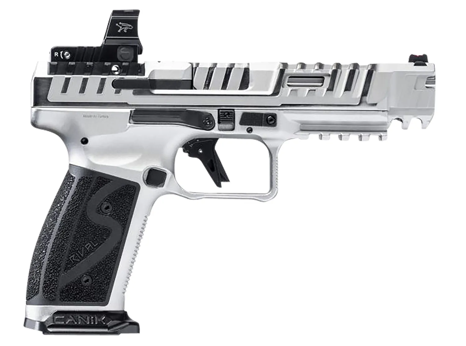 Canik SFx Rival-S 9mm chrome pistol with MeCanik MO2 optic and two 18-round magazines