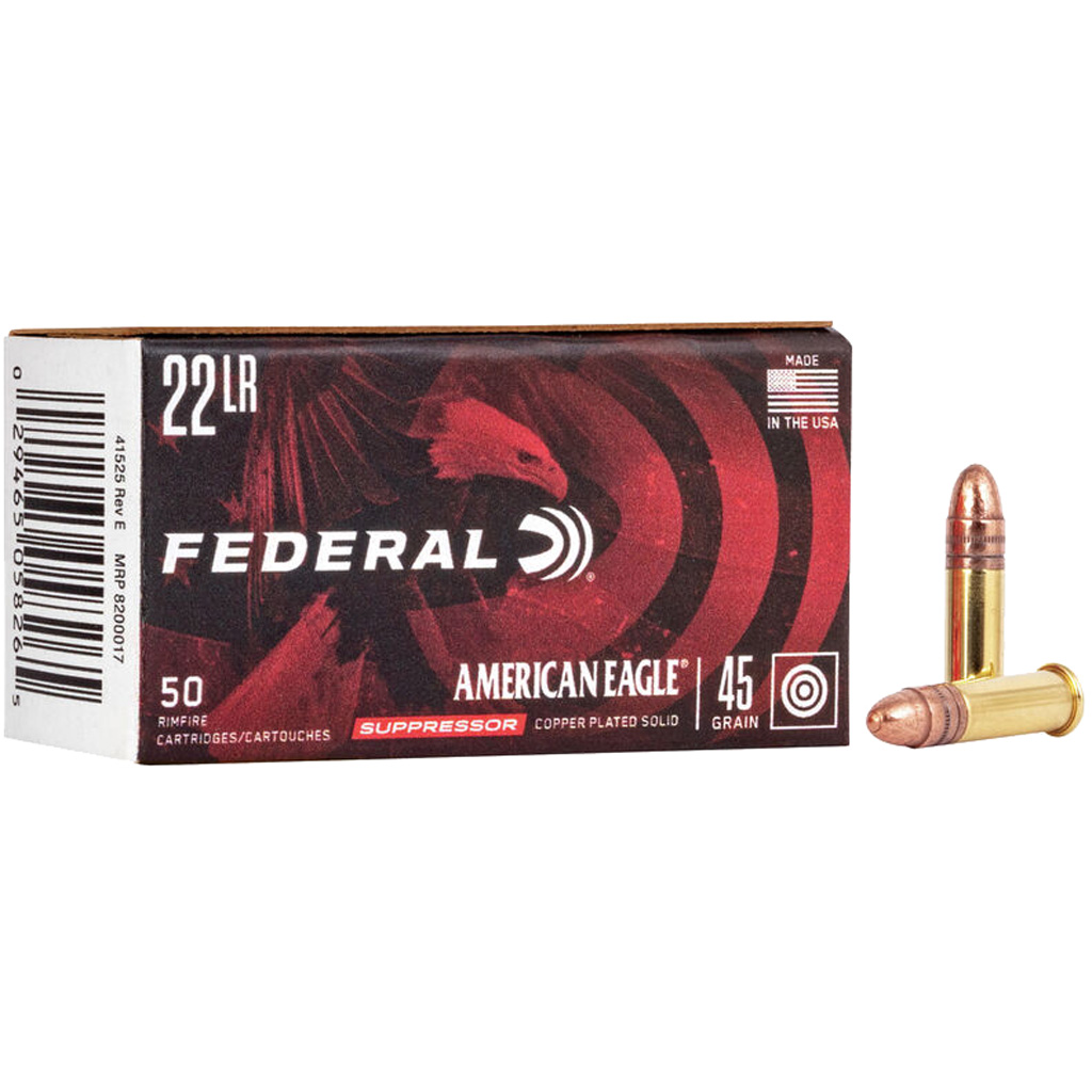 Federal American Eagle Suppressor Rimfire Ammo 22 LR. 45 gr. Copper Plated 50 rd.
