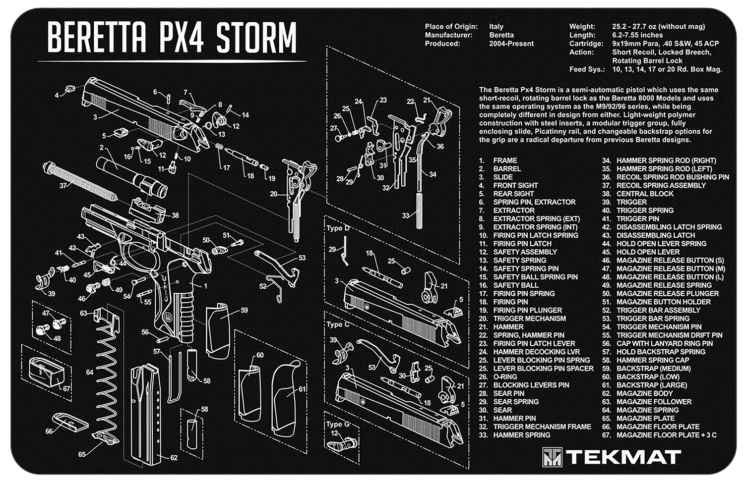 TekMat TEKR17BERPX4 Beretta Px4 Storm Cleaning Mat Black/White Rubber 11" x 17"