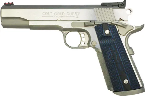 Colt Gold Cup Trophy 1911 .45 ACP 5-inch stainless pistol with blue G10 checkered grips and fiber-optic front sight
