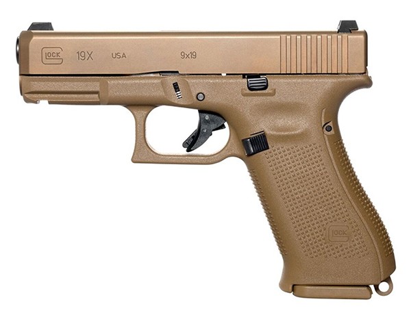 Glock 19X Gen5 9mm Coyote Brown compact handgun with Glock Night Sights
