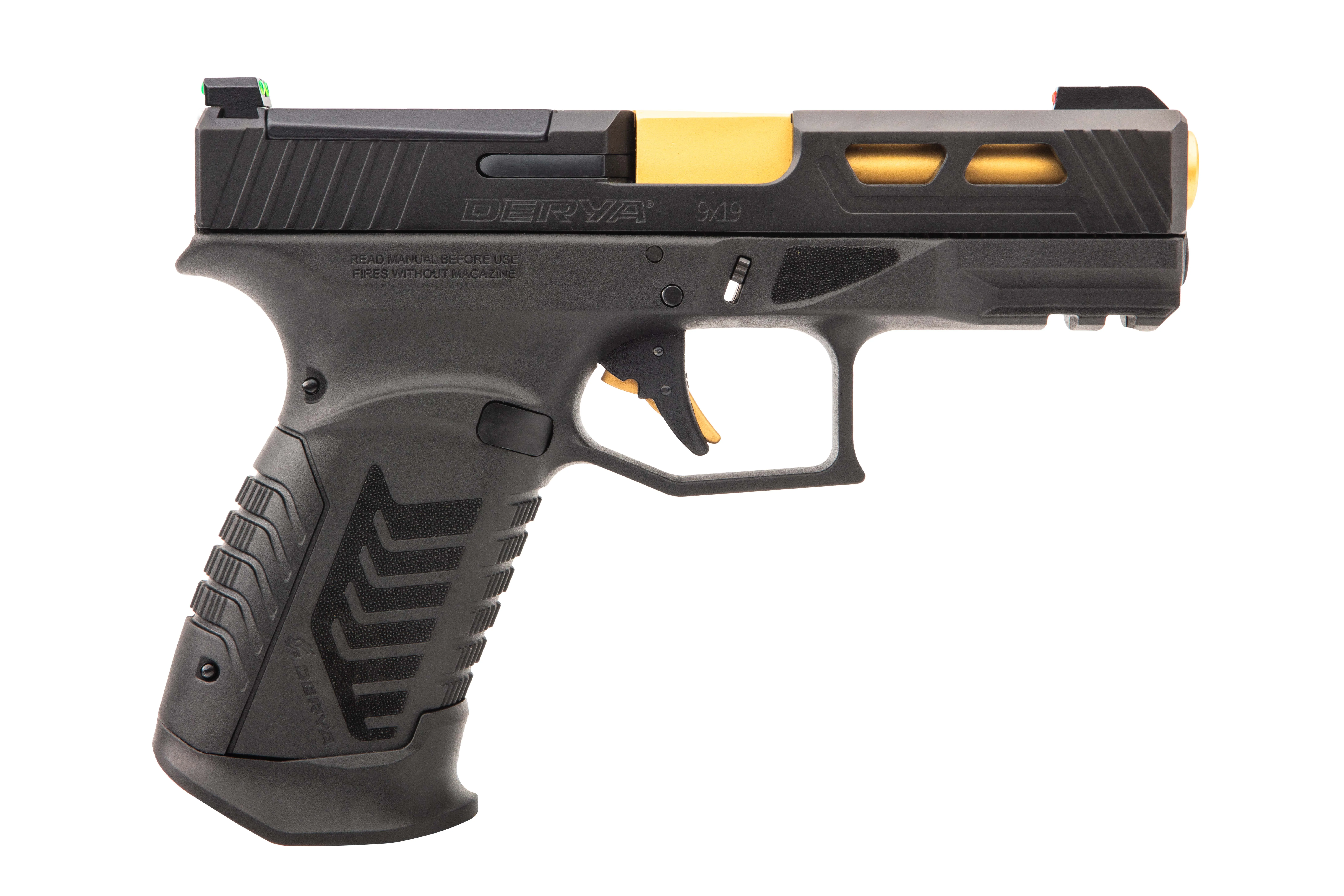 Derya Arms DY9 9mm pistol black polymer frame PVD gold barrel right-side view