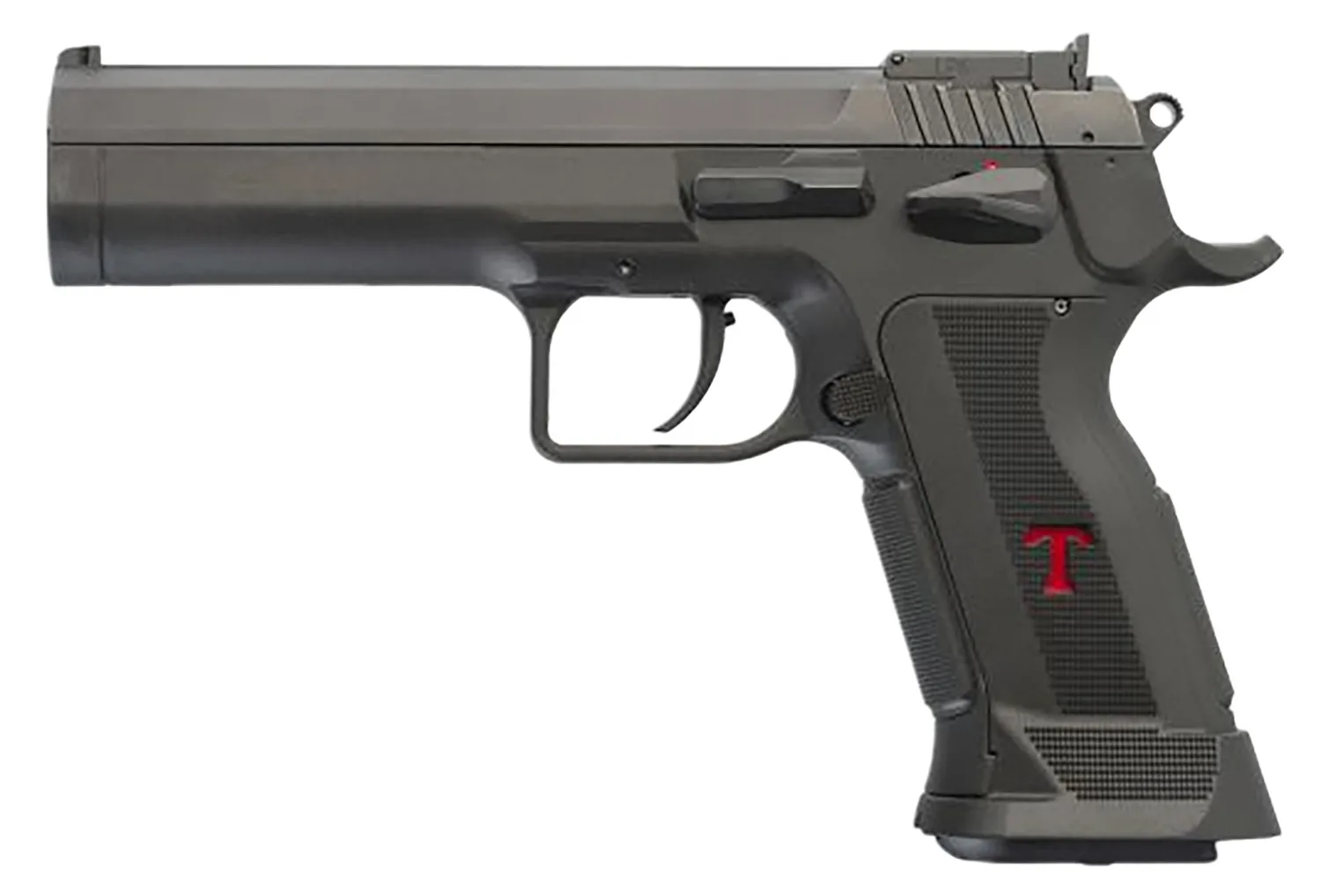Tanfoglio TFLIMPROP9 Limited Custom 9mm pistol with 4.76-inch barrel, black serrated slide and polymer frame