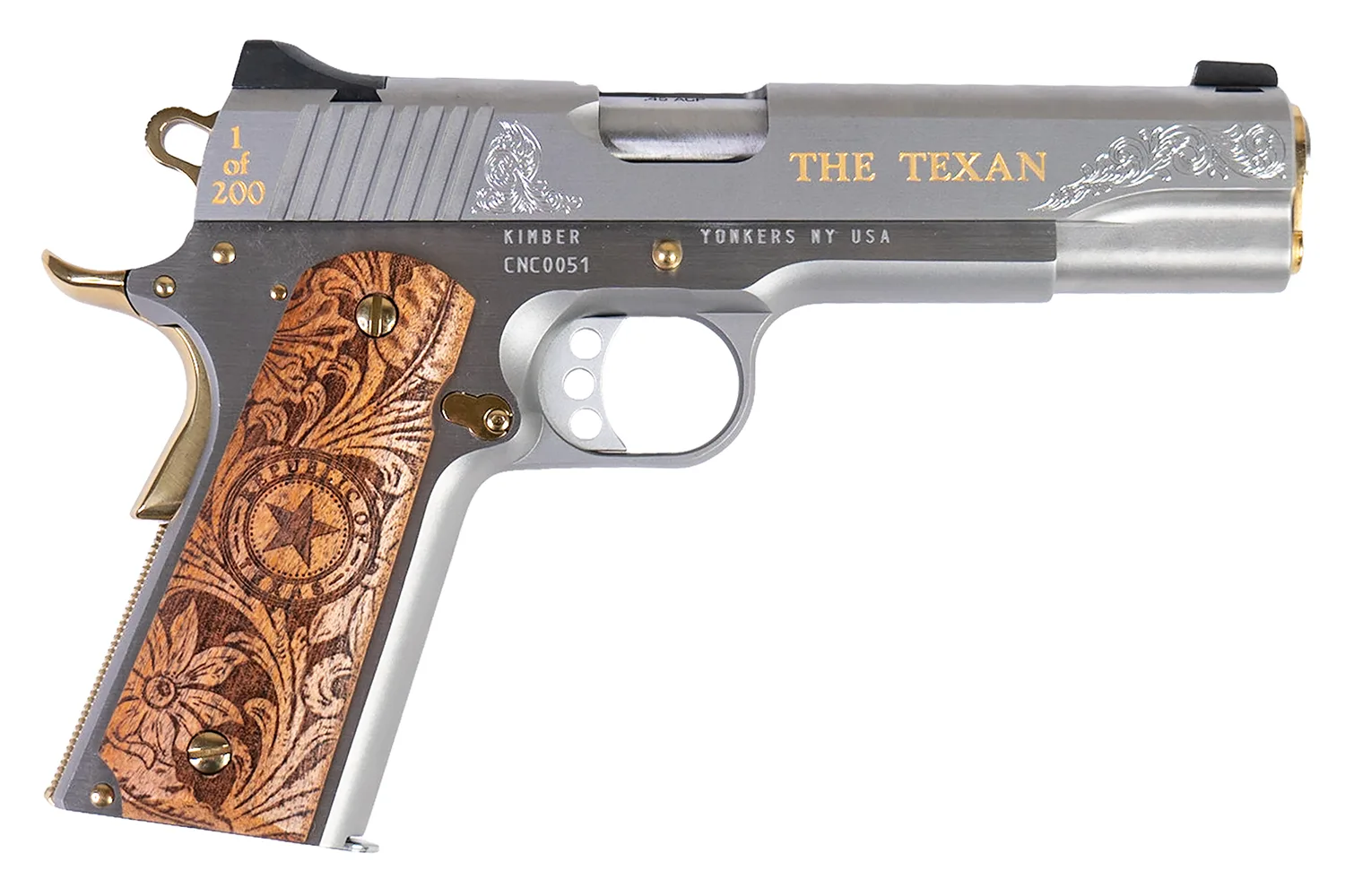 CNC FIREARMS Kimber 1911 Texan .45 ACP 5" stainless engraved "The Texan" with Texas Mesquite grips