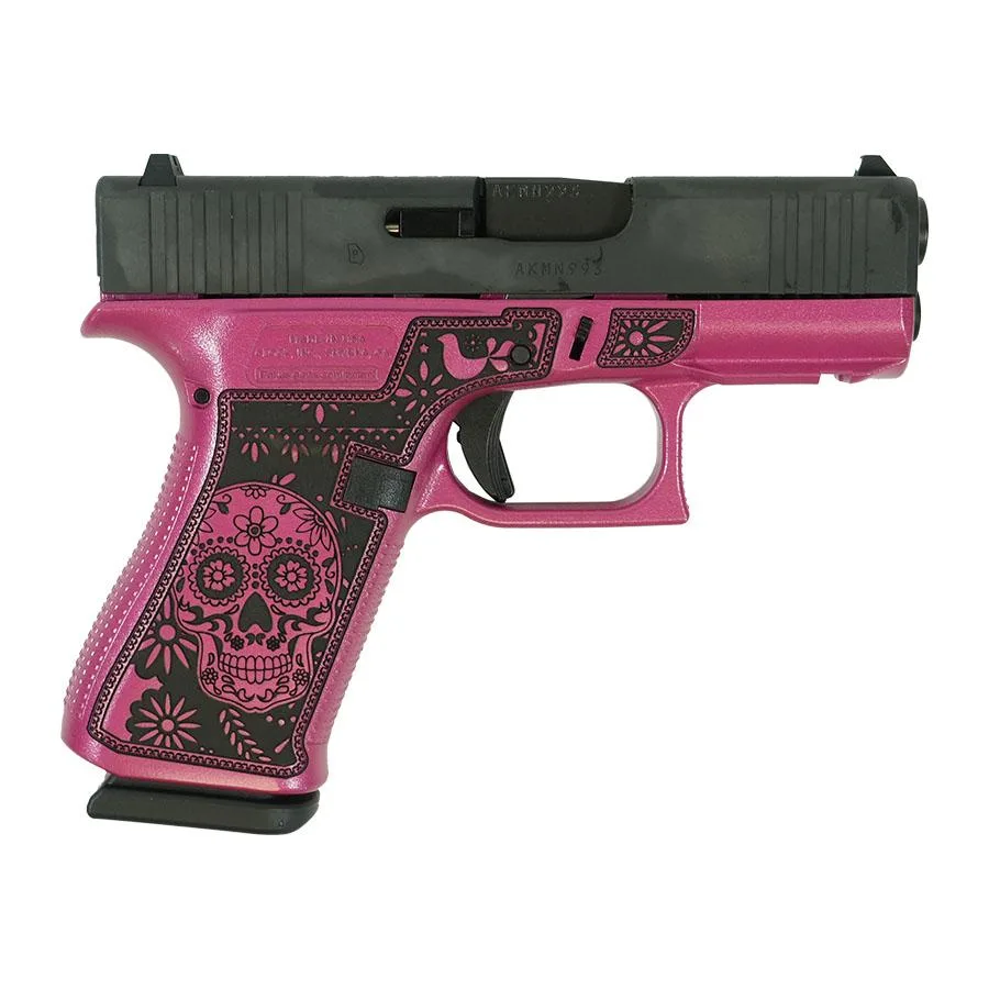 Glock 43X Sugar Skull Medusa Pink 9mm with 3.41 inch barrel and engraved sugar skull grip