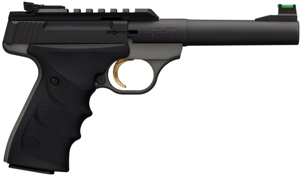 Browning Buck Mark Plus Practical .22 LR 5.5 inch tapered bull barrel matte gray frame black Ultragrip RX grips