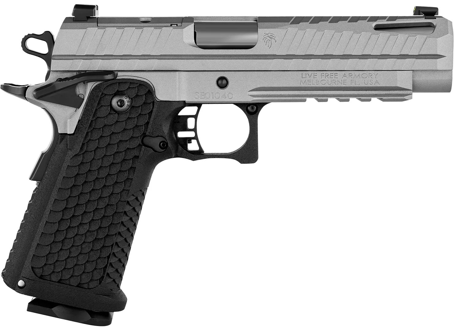 Live Free Armory Apollo 11 9mm 4.9 inch ported full-size pistol in Elite Gray, right-side view