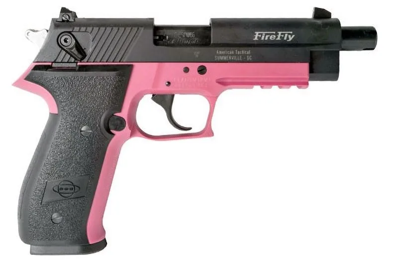 GSG FireFly .22 LR pistol, 4.9 inch threaded barrel, pink frame, black serrated slide