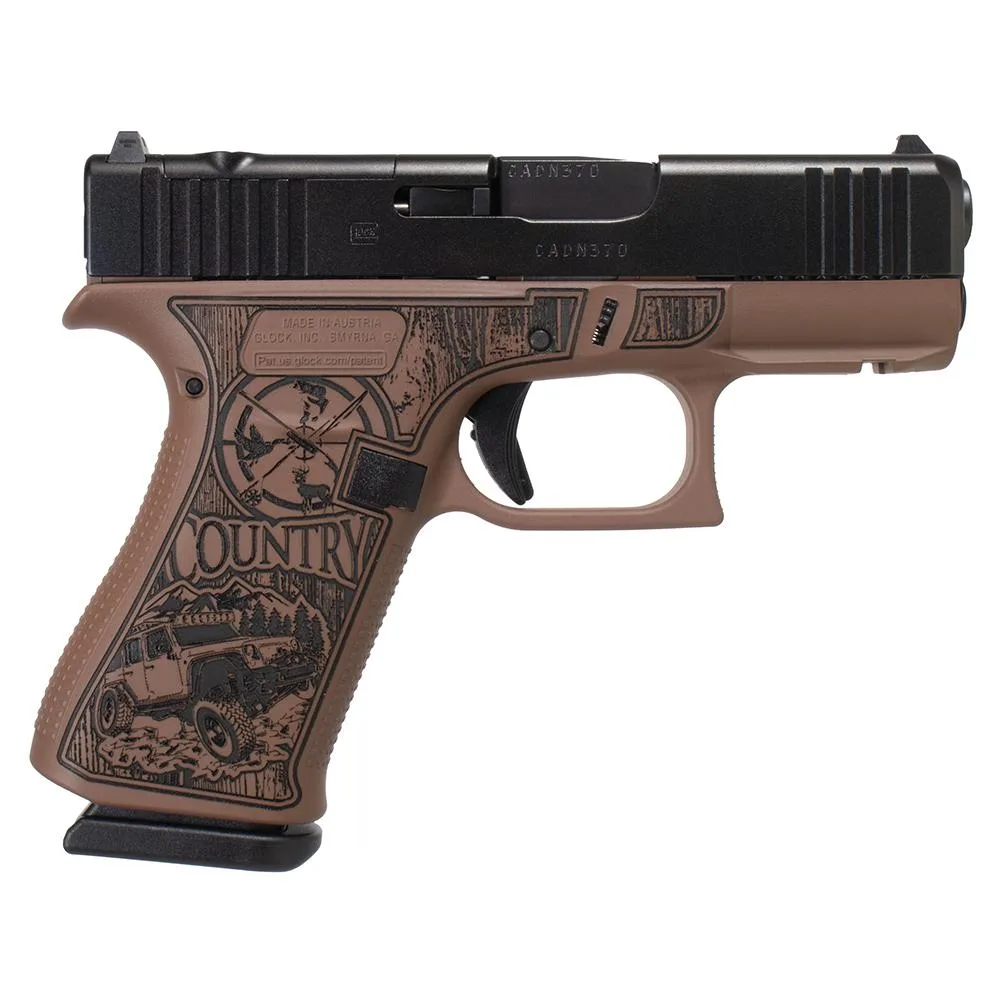 Glock 43x MOS Custom Engraved Country Bourbon Cerakote subcompact handgun, 9mm, two 10-round magazines