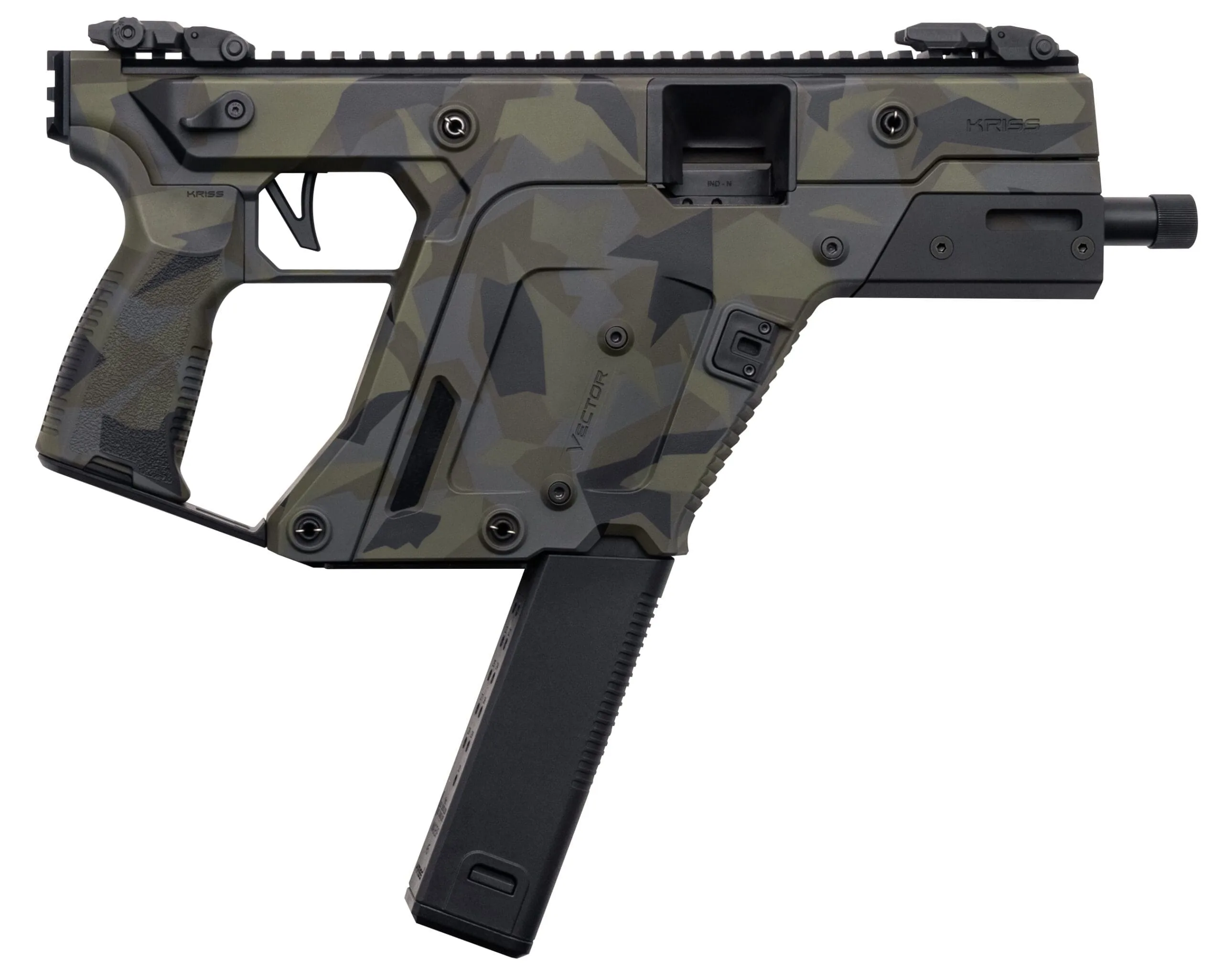 Kriss TDI Vector SDP Gen3 9mm 5.5in Woodland Delta Cerakote pistol side view
