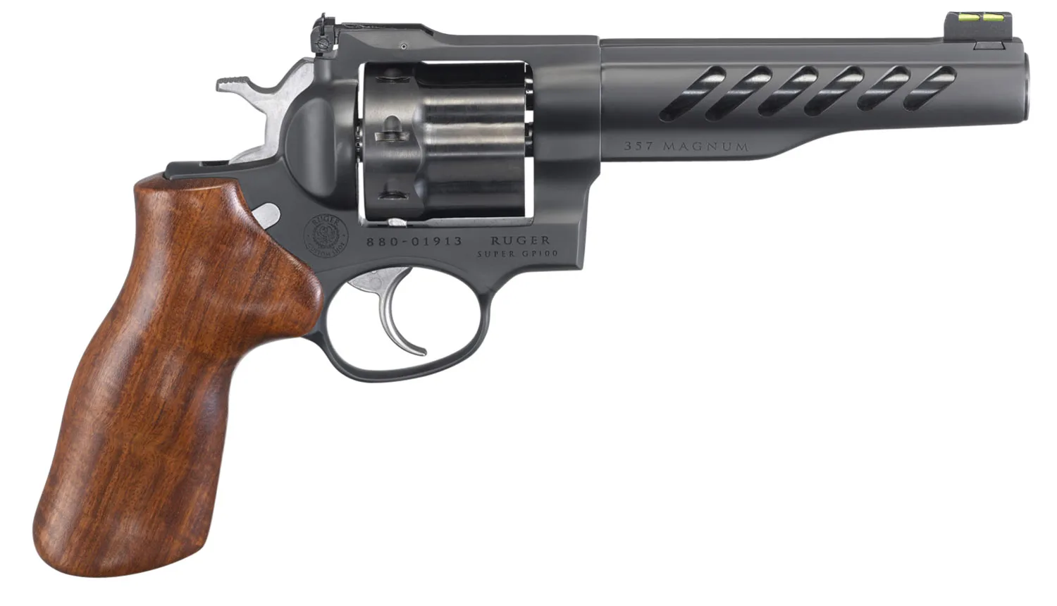 Ruger 5065 Super GP100 357 Mag/38 Special 8rd 5.50" Matte Black PVD Half-Lug Ported Barrel, Matte Black PVD Cylinder, Matte Black PVD Stainless Steel Frame, Hogue, Hardwood Grip