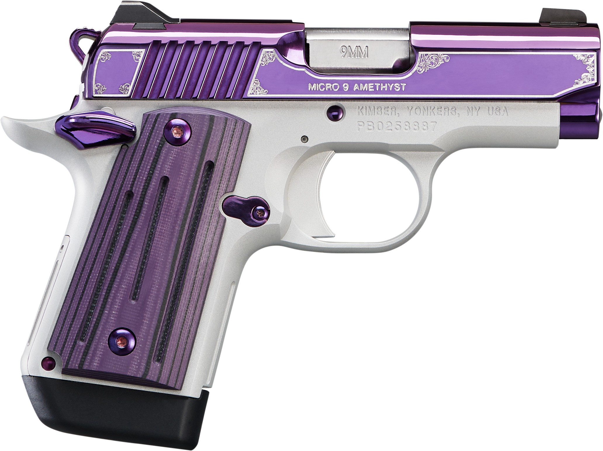 Kimber Micro 9 Amethyst 9mm pistol with purple PVD slide and black/purple G10 grips