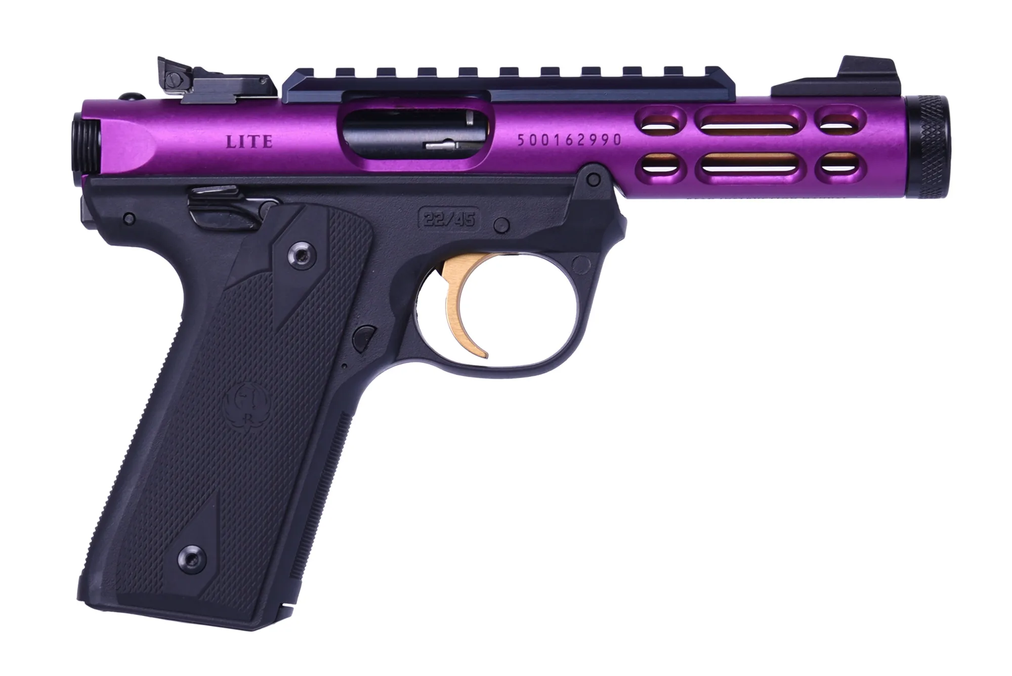 Ruger MKIV 22/45 LT .22 LR pistol in purple anodized finish with gold barrel and trigger