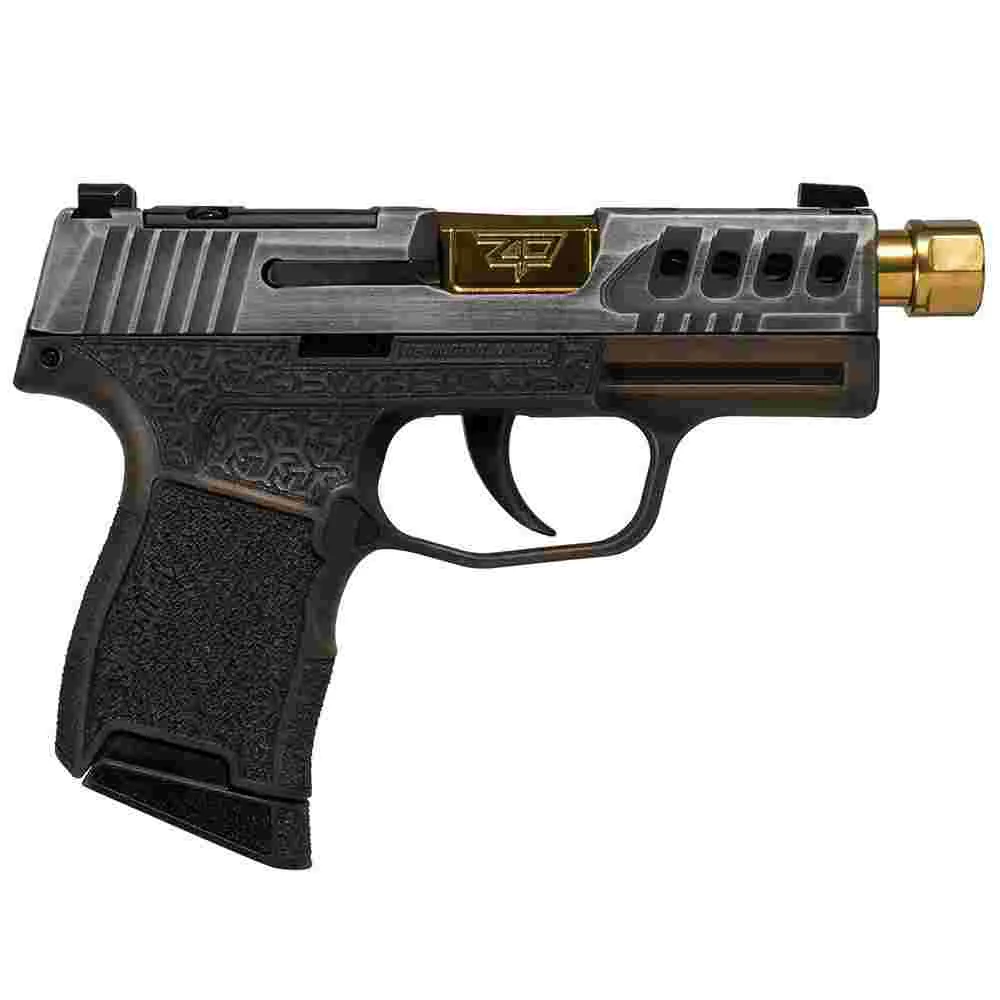 Sig Sauer P365 Gold Bug 9mm, 3.7in threaded gold barrel, distressed grey slide, brown octagon stippled grip