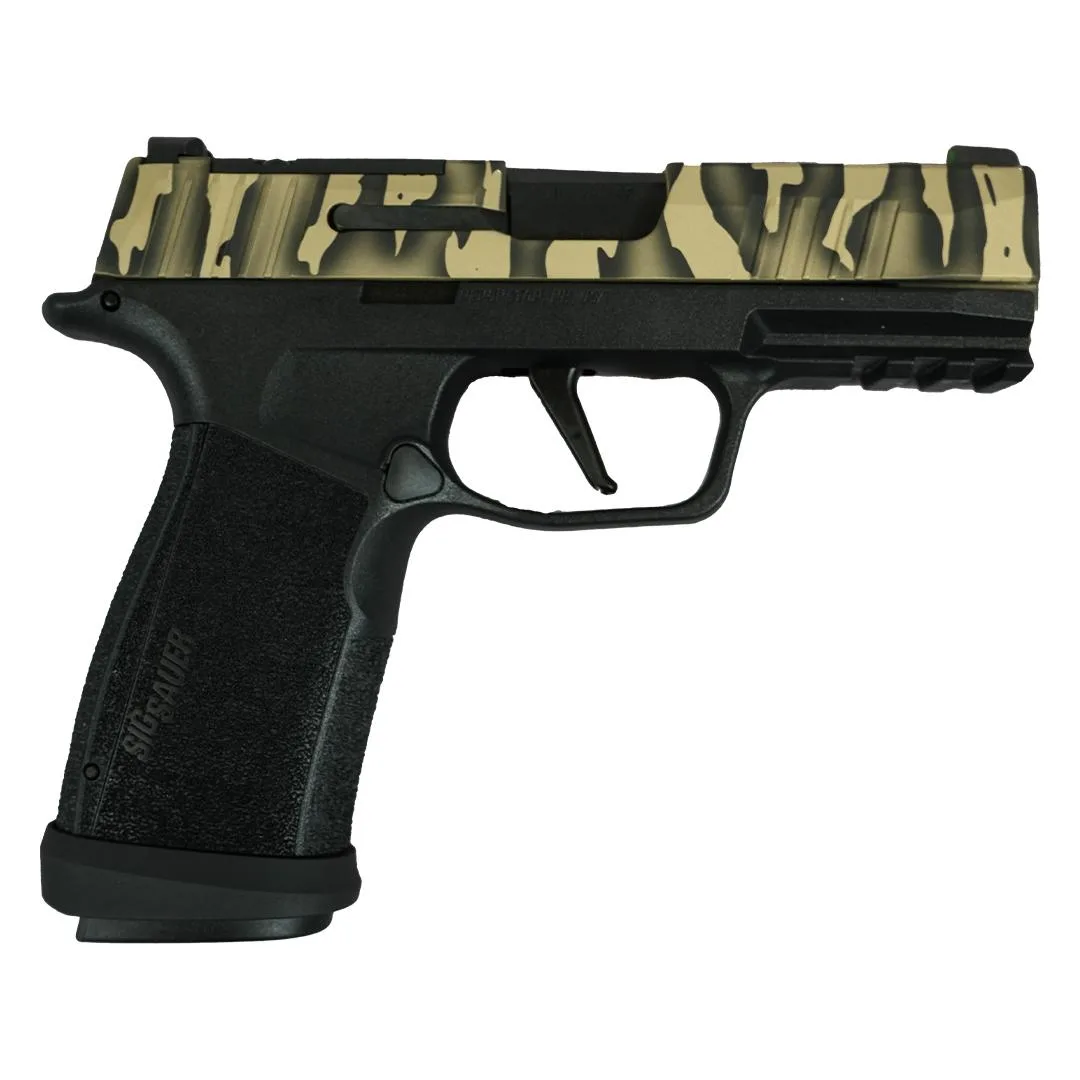 Sig Sauer P365 XMACRO TACOPS Tiger Striped 9mm handgun with 3.7-inch barrel