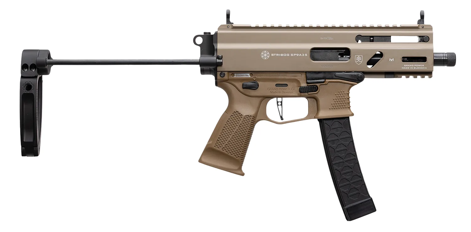 Grand Power Stribog SP9A3S 9mm pistol FDE with PDW brace and threaded barrel