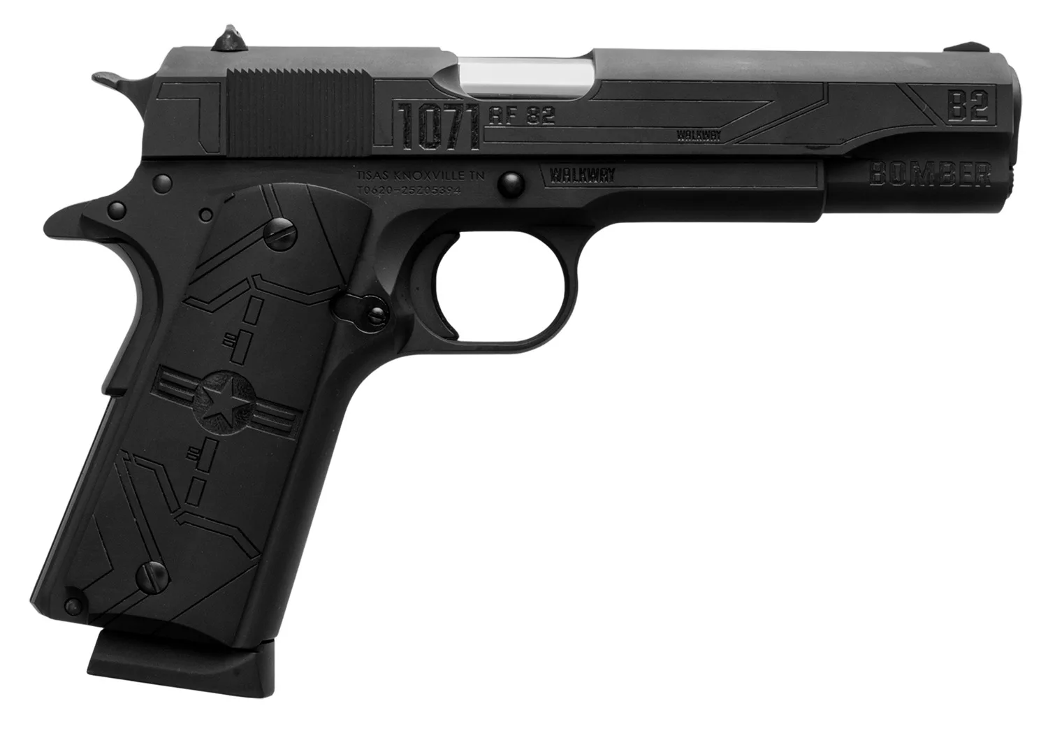 Tisas 1911 B-2 Stealth .45 ACP 5-inch pistol with engraved aluminum grips and black Cerakote finish