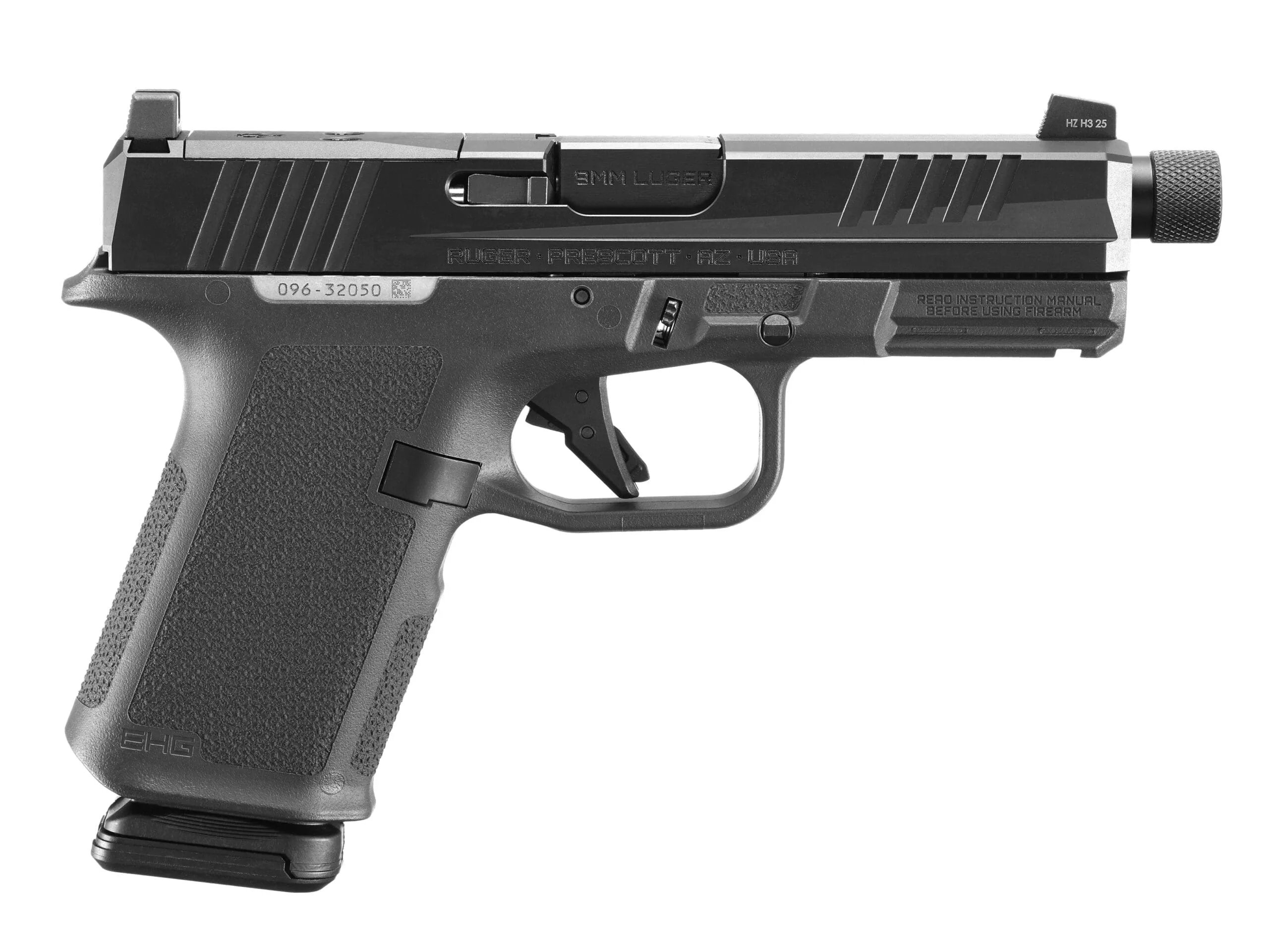 Ruger RXM 9mm black pistol with Magpul Enhanced Handgun Grip, tritium front sight and two 15-round PMAGs