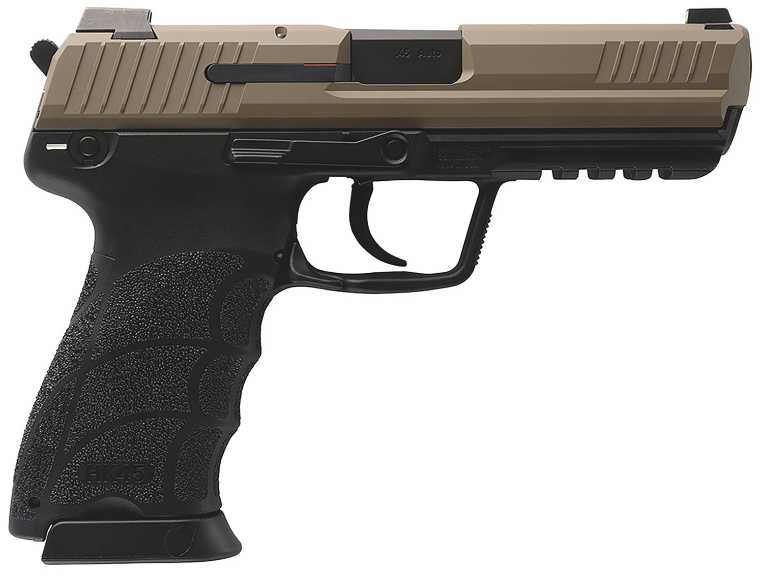 HK 81001208 HK45 V1 45 ACP 10+1 4.46" Black Polygonal Rifled Barrel, Flat Dark Earth Cerakote Serrated Steel Slide, Flat Dark Earth Polymer Frame w/Picatinny Rail, Ambidextrous